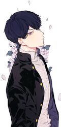  1boy black_hair black_jacket blue_eyes buttons flower frown gakuran haikyuu!! highres jacket kageyama_tobio korean_commentary long_sleeves looking_at_viewer male_focus mgmg_1012 open_clothes open_jacket petals profile school_uniform shirt short_hair solo standing white_shirt 