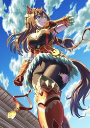  absurdres animal_ears blue_eyes boots breasts brown_hair cleavage_cutout clothing_cutout commentary_request el_condor_pasa_(kukulkan_monk)_(umamusume) el_condor_pasa_(umamusume) female from_below gloves highres horse_ears horse_girl horse_tail large_breasts long_hair low-tied_long_hair mask official_alternate_costume orange_gloves outdoors partial_commentary sankun_nomura_age tail umamusume 