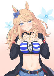  animal_ears arn7 bandeau belt black_belt black_choker black_jacket blonde_hair blue_bow blue_eyes blush bow choker commentary_request female gold_city_(umamusume) gradient_background hairbow hands_on_own_chest hands_up highres horse_ears horse_girl jacket long_hair long_sleeves looking_at_viewer navel open_clothes open_jacket pink_background smile solo stomach strapless striped_bandeau swept_bangs tube_top umamusume upper_body very_long_hair white_background 