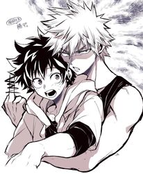  2boys angry bakugou_katsuki boku_no_hero_academia censored censored_gesture collarbone cropped_torso freckles greyscale hood hood_down hug hug_from_behind long_sleeves looking_at_viewer male_focus middle_finger midoriya_izuku monochrome multicolored_hair multiple_boys shirt short_hair short_sleeves spiked_hair sweatdrop takatsuki_ichi teeth translation_request two-tone_hair v-shaped_eyebrows white_background yaoi 