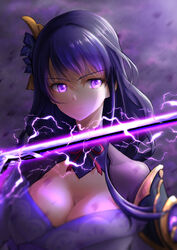  angry breasts chinese_commentary cleavage commentary_request electricity female genshin_impact glowing glowing_eyes hair_ornament highres japanese_clothes kimono large_breasts light_frown long_hair looking_at_viewer purple_eyes purple_hair purple_kimono raiden_shogun royboy solo sword upper_body weapon 