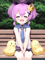  :d ^_^ aged_down azur_lane bench between_legs bird black_ribbon blush camisole chick closed_eyes commentary_request cowboy_shot crown detached_hood female fuki_to_takenoko hair_between_eyes hair_ornament hair_ribbon hand_between_legs high_ponytail highres javelin_(azur_lane) manjuu_(azur_lane) mini_crown open_mouth park_bench plaid plaid_skirt plant ponytail purple_hair purple_skirt ribbon sidelocks sitting skirt smile solo_focus tilted_headwear u_u white_camisole x_hair_ornament 