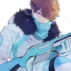  1boy breath brown_eyes brown_hair coat fur_trim gloves gun haikyuu!! highres holding holding_gun holding_weapon hood hood_down korean_commentary looking_to_the_side male_focus mgmg_1012 oikawa_tooru_(haikyuu!!) outdoors scarf short_hair solo weapon winter winter_clothes winter_coat 