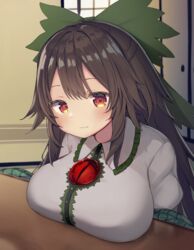  absurdres black_hair blush bow breast_rest breasts breasts_on_table closed_mouth commentary female green_bow hairbow highres kotatsu large_breasts long_hair looking_at_viewer mamemochi red_eyes reiuji_utsuho shirt smile solo table third_eye touhou upper_body white_shirt 