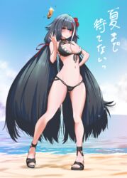  areola_slip azur_lane beach bikini black_bikini black_footwear black_hair blue_eyes blush breasts cleavage closed_mouth cloud commentary covered_nipples day deutschland_(azur_lane) deutschland_(service_time?!)_(azur_lane) female flower front-tie_bikini_top front-tie_top full_body hair_flower hair_ornament hair_ribbon hand_on_own_hip hand_up long_hair looking_at_viewer low_twintails medium_breasts multicolored_hair navel ocean official_alternate_costume outdoors p.i.t.d red_hair red_ribbon ribbon side-tie_bikini_bottom sky smile solo streaked_hair swimsuit translated twintails very_long_hair white_hair 