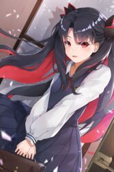  absurdres aged_down black_hair blush breasts briefcase dress fate/grand_order fate_(series) female grey_skirt highres ishtar_(fate) long_hair long_sleeves looking_at_viewer megu_(pixiv9460065) multicolored_hair open_mouth parted_bangs pinafore_dress red_eyes red_hair school_briefcase school_uniform skirt sleeveless sleeveless_dress small_breasts smile solo space_ishtar_(fate) two-tone_hair two_side_up 