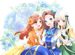  3girls :d ascot blue_ascot blue_eyes blunt_bangs blush brooch brown_eyes brown_hair commentary dress earrings floral_background girl_sandwich gloves green_ribbons hair_ribbon jewelry katarina_claes long_hair looking_at_another looking_at_viewer mary_hunt multiple_girls open_mouth otome_game_no_hametsu_flag_shika_nai_akuyaku_reijou_ni_tensei_shite_shimatta red_eyes ribbon sandwiched smile sophia_ascart tenmai_miwa white_gloves white_hair 