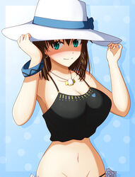  bare_shoulders bikini black_bikini braid breasts brown_hair charlotte_corday_(fate) charlotte_corday_(swimsuit_caster)_(fate) charlotte_corday_(swimsuit_caster)_(first_ascension)_(fate) cleavage collarbone fate/grand_order fate_(series) female green_eyes hasebe_akira hat jewelry large_breasts looking_at_viewer navel necklace pendant short_hair side_braid solo sun_hat swimsuit thighs white_hat 