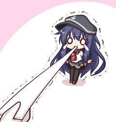  akatsuki_(kancolle) anchor_symbol black_headwear black_pantyhose black_sailor_collar black_skirt blue_hair brown_footwear chibi colored_shadow commentary_request female flat_cap gloves hair_between_eyes hat kantai_collection komakoma_(magicaltale) long_hair long_sleeves mouth_hold neckerchief o_o out_of_frame pantyhose pink_background pleated_skirt red_neckerchief sailor_collar school_uniform serafuku shadow shirt skirt solo_focus standing teardrop trembling two-tone_background v-shaped_eyebrows very_long_hair white_background white_gloves white_shirt 