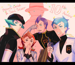  4boys anniversary archer_(pokemon) ariana_(pokemon) blue_hair blush brown_headwear commentary_request copyright_name covering_own_mouth delta_nonbiri elbow_gloves eyelashes facial_hair female giovanni_(pokemon) gloves hand_up hands_up hat holding jacket long_hair multiple_boys one_eye_closed orange_hair own_hands_together petrel_(pokemon) pokemon pokemon_hgss proton_(pokemon) purple_hair short_hair team_rocket team_rocket_uniform tearing_up white_gloves white_jacket 