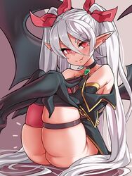  asanagi_(style) ass bare_shoulders bat_wings bow breasts demon_girl demon_girl_(steedoj) demon_wings earrings female hairbow heart heart_earrings highres jewelry large_breasts long_hair long_sleeves looking_at_viewer oerba_yun_fang original pointy_ears red_bow red_eyes sirachi sitting skin_fang slit_pupils smile solo thick_thighs thigh_strap thighhighs thighs twintails very_long_hair white_hair wings 