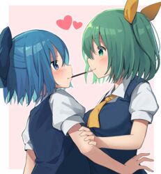  2girls arm_grab ascot blue_bow blue_eyes blue_hair blush bow cirno commentary daiyousei eye_contact food green_eyes green_hair hair_ribbon hairbow heart highres looking_at_another mamemochi mouth_hold multiple_girls pocky pocky_kiss ribbon short_hair short_sleeves side_ponytail smile touhou yellow_ascot yellow_ribbon yuri 