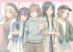  5girls akiyama_mio arm_behind_head baseball_cap beret black_hair blonde_hair blue_eyes brown_eyes brown_hair casual coat dress floral_print fukushima_uichi grey_eyes hair_between_eyes hair_ornament hairclip hands_on_own_hips hat highres hirasawa_yui k-on! kotobuki_tsumugi locked_arms long_hair looking_at_viewer miniskirt multiple_girls nakano_azusa outstretched_hand pants pinafore_dress shirt short_hair skirt sleeveless sleeveless_dress smile striped_clothes striped_shirt sweater tainaka_ritsu thick_eyebrows twintails watch wristwatch 