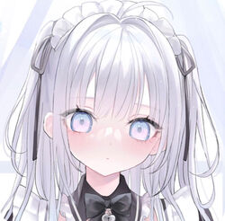  ahoge black_bow black_bowtie blue_eyes bow bowtie closed_mouth cropped expressionless female hair_intakes highres long_hair looking_at_viewer maid mashiro_shiki mikuro_(si10ra) non-web_source original portrait sidelocks solo two_side_up white_hair 