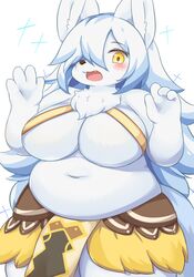  animal_ears blush body_fur breasts commentary_request copyright_request cowboy_shot eigetsu fat female furry furry_female huge_breasts long_hair looking_at_viewer navel oerba_yun_fang open_mouth simple_background solo sparkle white_background white_fur white_hair yellow_eyes 