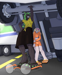  anthro big_feet claws clothed clothing cocky_smile crossdressing duo feet footwear glasses_off heavy_truck hi_res male male/male nintendo pok&eacute;mon_(species) pokemon sandals scorbunny semi-trailer_truck shy sunny_flowers super_strength truck_(vehicle) tuzzleton vehicle video_games zed_burrows zoroark 