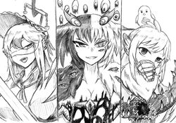  3girls animal animal_ears bandage_over_one_eye big_bird_(project_moon) bird bird_ears bird_girl black_souls breasts cleavage dodo_(black_souls) extra_eyes goose_(black_souls) greyscale grin heterochromia hole_in_chest hole_on_body jubjub_(black_souls) judgement_bird lobotomy_corporation looking_at_viewer monochrome monster_girl multiple_girls muzzle oerba_yun_fang one_eye_covered open_mouth personification portrait project_moon punishing_bird shirt smile tierbis 