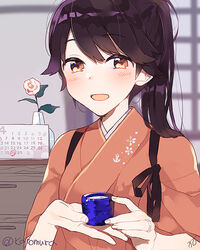  :d black_hair cup female flower holding holding_cup houshou_(kancolle) japanese_clothes kantai_collection karomura kimono looking_at_viewer open_mouth pink_kimono ponytail smile solo tasuki twitter_username vase 