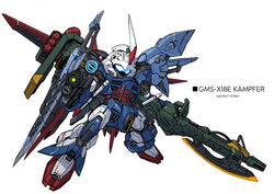  assault_visor axe chibi crossover gun gundam gundam_0080 gundam_seed kampfer_(mobile_suit) mecha mechanical_wings missile_pod no_humans perfect_strike_gundam robot solo strike_gundam takamaru_(taka1220) weapon white_background wings zeon 