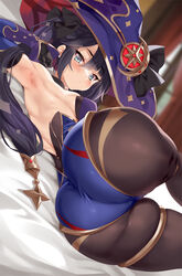  armpits ass ass_focus bed_sheet black_ribbon blue_eyes blue_hair blue_hat blurry blurry_background breasts brown_pantyhose cle_masahiro closed_mouth commentary_request dark_blue_hair female genshin_impact hair_between_eyes hair_ribbon hat huge_ass leotard long_hair looking_at_viewer lying medium_breasts mona_(genshin_impact) on_side pantyhose ribbon solo thick_thighs thighs witch_hat 