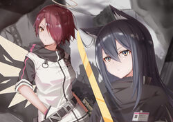  2girls absurdres animal_ears arknights belt black_hair debris exusiai_(arknights) hair_between_eyes hair_over_one_eye halo hands_in_pockets highres id_card jacket looking_away multiple_girls orange_eyes red_hair serious short_hair sword texas_(arknights) upper_body v-shaped_eyebrows weapon white_jacket wings wolf_ears yukiaka 