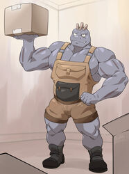  absurd_res anthro big_muscles boots box cardboard cardboard_box clothing container footwear generation_1_pokemon grey_body grey_skin hi_res holding_object machoke maldu male muscular muscular_anthro muscular_male nintendo nipples pecs pokemon pokemon_(species) solo standing suspenders 