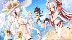  5girls =_= ahoge arm_strap azur_lane bare_shoulders barefoot bat_hair_ornament beach bikini bird black_bikini black_hair black_sarong blonde_hair blue_one-piece_swimsuit blue_sky blunt_bangs blush breasts brown_hair can chick cleavage closed_eyes closed_mouth cloud collarbone commentary_request crossed_arms day double_bun dutch_angle flower gradient_hair green_eyes hai_tien_(azur_lane) hair_between_eyes hair_bun hair_flower hair_ornament hair_ribbon halterneck hand_up hands_up hat hat_flower highres holding holding_can huge_ahoge innertube logo long_hair looking_at_viewer manjuu_(azur_lane) medium_breasts midriff multi-strapped_bikini multicolored_hair multiple_girls navel ocean oerba_yun_fang official_alternate_costume official_art oite_(azur_lane) one-piece_swimsuit open_mouth outdoors pointy_ears ponytail red_eyes red_hair red_ribbon ribbon sarong school_swimsuit see-through shadow shawl short_hair sidelocks sitting skin_fang skindentation sky small_breasts smile southampton_(azur_lane) standing standing_on_one_leg streaked_hair sun_hat sunflower sunflower_hair_ornament swim_ring swimsuit thigh_strap two-tone_hair vauquelin_(azur_lane) very_long_hair vilor wading white_bikini white_hair wrist_wrap wristband x_hair_ornament yellow_eyes z24_(azur_lane) 