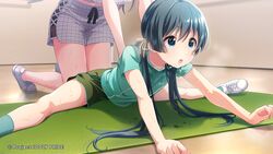  2girls assisted_stretching blue_eyes dripping floor green_hair green_shorts hair_ribbon hands_on_another&#039;s_shoulders highres idoly_pride indoors kneeling leaning_forward long_hair looking_ahead multiple_girls official_art okuyama_sumire open_mouth outstretched_arms purple_hair pushing qp:flapper ribbon shirt shoes shorts socks split spread_legs stained_clothes stretching sweat sweaty_clothes t-shirt thighs twintails yoga_mat 