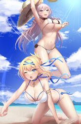  2girls :d ;o ahoge algerie_(azur_lane) algerie_(white_sand_paradise)_(azur_lane) all_fours arm_up armpits azur_lane barefoot beach bikini blonde_hair blue_choker blue_eyes blue_ribbon breasts choker cleavage commission cross day detached_collar folded_ponytail hair_ribbon halterneck hat highres jeanne_d&#039;arc_(azur_lane) jeanne_d&#039;arc_(saintess_of_the_sea)_(azur_lane) jewelry large_breasts layered_bikini long_hair midair mizuya_nao motion_lines multi-strapped_bikini multiple_girls navel necklace oerba_yun_fang official_alternate_costume one_eye_closed open_mouth outdoors pixiv_commission purple_eyes ribbon side-tie_bikini_bottom smile stomach straw_hat string_bikini sunlight swimsuit thighs white_bikini white_hair 