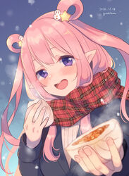  :d artist_name baozi black_jacket blurry blurry_foreground blush commentary dated depth_of_field elf female food gucchiann hair_between_eyes hair_ornament hair_rings hatsune_(princess_connect!) highres holding holding_food jacket long_hair long_sleeves looking_at_viewer open_mouth pink_hair pointy_ears princess_connect! purple_eyes ribbed_sweater sidelocks signature smile snowman_hair_ornament solo star_(symbol) star_hair_ornament steam sweater upper_body white_sweater 