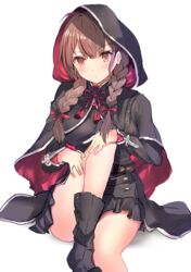  absurdres belt black_capelet black_dress black_footwear boots braid breasts brown_belt brown_eyes brown_hair capelet dress female highres hood hood_up hooded_capelet kantai_collection large_breasts long_hair looking_at_viewer o-sirius pleated_dress red_ribbon ribbon shinshuu_maru_(kancolle) simple_background sitting solo twin_braids white_background 