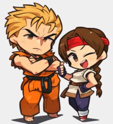  1boy ;d barefoot belt black_belt blonde_hair blush braid braided_ponytail brother_and_sister brown_eyes brown_hair chibi crossed_arms dougi female fingerless_gloves frown full_body gloves grey_background headband ibara. leggings looking_at_viewer martial_arts_belt one_eye_closed open_mouth red_headband ryou_sakazaki ryuuko_no_ken siblings simple_background smile standing the_king_of_fighters thumbs_up wristband yuri_sakazaki 