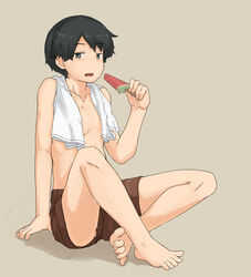  barefoot black_hair brown_background brown_shorts chagamaka collarbone crossed_legs eating feet female flat_chest food full_body grey_eyes highres indian_style kantai_collection looking_at_viewer mogami_(kancolle) popsicle short_hair shorts simple_background sitting solo swept_bangs teeth toes topless towel towel_around_neck upper_teeth_only watermelon_bar 