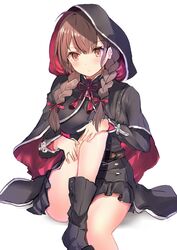  belt black_capelet black_dress black_footwear boots braid breasts brown_belt brown_eyes brown_hair capelet dress female highres hood hood_up hooded_capelet kantai_collection large_breasts long_hair looking_at_viewer o-sirius pleated_dress red_ribbon ribbon shinshuu_maru_(kancolle) simple_background sitting solo twin_braids white_background 