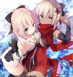  2girls :&lt; abstract_background banned_artist bare_shoulders between_breasts black_bow black_legwear blonde_hair blush bow breasts cleavage closed_mouth clothing_cutout dango dark-skinned_female dark_skin detached_sleeves fate/grand_order fate_(series) food hair_ribbon hairbow high-waist_skirt highres holding holding_food japanese_clothes kimono konomi_(kino_konomi) large_breasts long_sleeves looking_at_viewer multiple_girls okita_souji_(alter)_(fate) okita_souji_(fate) okita_souji_(fate)_(all) outstretched_arm ponytail red_ribbon red_scarf red_skirt ribbon scarf short_hair short_ponytail skindentation skirt tassel thighhighs twitter_username underboob underboob_cutout wagashi white_kimono yellow_eyes zettai_ryouiki 