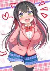  arms_behind_back black_hair black_thighhighs blush bow bowtie breasts commentary cosplay earth_ekami female heart highres jacket kantai_collection kawaikereba_hentai_demo_suki_ni_natte_kuremasu_ka? large_breasts long_hair looking_at_viewer multicolored_eyes multicolored_hair naganami_(kancolle) oerba_yun_fang pink_hair pink_jacket plaid plaid_skirt red_bow red_bowtie shirt signature skirt solo taketatsu_ayana thighhighs tokihara_sayuki tokihara_sayuki_(cosplay) voice_actor_connection white_shirt yellow_eyes zettai_ryouiki 