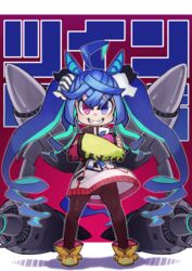  @_@ ahoge animal_ears ankle_boots aqua_hair bad_id bad_pixiv_id blue_eyes blue_hair boots character_name colored_inner_hair crossed_arms female hair_between_eyes heterochromia highres horse_ears horse_girl horse_tail inomata_konomu jacket jet_engine long_hair looking_at_viewer multicolored_hair name_connection object_namesake pantyhose purple_eyes solo tail too_literal twin_turbo_(umamusume) twintails umamusume very_long_hair 