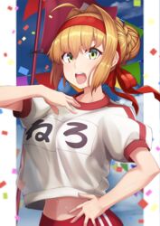  ahoge alternate_costume blonde_hair border braid breasts buruma confetti cowboy_shot fate/grand_order fate_(series) female french_braid green_eyes hair_bun hair_intakes hand_on_own_chest hand_on_own_hip highres large_breasts looking_at_viewer midriff mku navel nero_claudius_(fate) nero_claudius_(fate/extra) nero_claudius_(olympian_bloomers)_(fate) official_alternate_costume open_mouth outside_border red_ribbon ribbon single_hair_bun solo white_border 