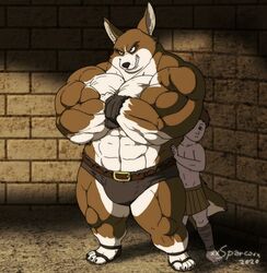  2020 abs angry anthony_caligula anthro armor bared_teeth barefoot belt biceps big_muscles black_nose brown_body brown_fur brown_hair canid canine canis clothed clothing countershade_face countershade_legs countershade_torso countershading crossed_arms damocles_(xxsparcoxx) defensive digital_media_(artwork) domestic_dog duo feet footwear fur growling hair herding_dog hi_res hiding_behind_another huge_muscles human leather leather_armor leg_wraps lolicon male mammal muscular muscular_anthro muscular_male navel pastoral_dog pecs protective pteruges sandals solo_focus standing story story_in_description teeth topless topless_male welsh_corgi wraps wrist_wraps xxsparcoxx young zilch1998 