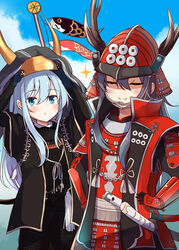  2girls :3 akatsuki_(kancolle) alternate_costume armor blue_eyes blush closed_eyes cloud cosplay cowboy_shot crest day dou doyagao fake_horns family_crest flag grey_hair hair_between_eyes hands_on_own_hips helmet hibiki_(kancolle) highres horned_helmet horns ishida_mitsunari japanese_armor jinbaori kabuto_(helmet) kantai_collection katana kodomo_no_hi koinobori kote kusazuri long_hair multiple_girls purple_hair samurai sanada_clan_(emblem) sanada_yukimura shaded_face sheath shikoro shoulder_armor sky smile smug sode soramuko sparkle sword weapon windsock 