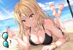  bang_dream! bare_arms bare_legs bare_shoulders barefoot beach bikini black_bikini blonde_hair blue-tinted_eyewear blue_nails blue_sky blurry blurry_background blush bracelet breasts brown_eyes cage_unlimited cleavage closed_mouth collarbone commentary_request crossed_ankles day depth_of_field dutch_angle earrings feet feet_up female fingernails foreshortening glint hair_spread_out halterneck hand_up holding holding_removed_eyewear horizon jewelry kirigaya_toko large_breasts lens_flare long_fingernails long_hair looking_at_viewer lying nail_polish necklace ocean on_stomach outdoors pendant shore side-tie_bikini_bottom sky smile soles solo sunglasses sunlight swimsuit the_pose tinted_eyewear toes unworn_eyewear water water_drop wet 