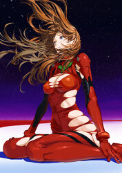  absurdres aged_up beach blue_eyes bodysuit breasts brown_hair cleavage commentary crying crying_with_eyes_open evangelion:_3.0+1.0_thrice_upon_a_time eyelashes female floating_hair full_body highres kiyohisa lcl long_hair medium_breasts neon_genesis_evangelion parted_lips pilot_suit plugsuit rebuild_of_evangelion red_bodysuit red_ocean science_fiction sitting sky solo souryuu_asuka_langley star_(sky) starry_sky tears torn_bodysuit torn_clothes wardrobe_malfunction wariza 