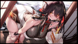  absurdres aether_gazer anniversary ass bare_shoulders bent_over black_hair breasts cake cake_slice candle closed_mouth female food highres holding holding_plate large_breasts lingguang_(aether_gazer) long_hair plate smile solo tassel xiaoluo_xl yellow_eyes 