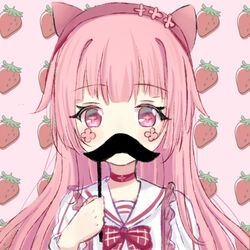  +_+ blush bow commentary_request covered_mouth facial_mark fake_facial_hair fake_mustache female food fruit hairband holding long_hair long_sleeves looking_at_viewer original pink_background pink_hair purple_eyes red_bow red_hairband sailor_collar satori_(ymoy) shirt solo strawberry upper_body white_sailor_collar white_shirt 