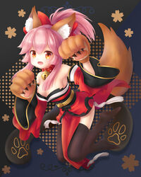  animal_ear_fluff animal_ears animal_hands bare_shoulders bell black_legwear breasts cat_paws cleavage collar collarbone commentary detached_sleeves fangs fate/grand_order fate_(series) female fox_ears fox_girl fox_tail gloves hair_ribbon highres japanese_clothes jingle_bell kimono long_hair looking_at_viewer mugenstudio neck_bell open_mouth paw_gloves photoshop_(medium) pink_hair ponytail red_kimono red_ribbon ribbon solo tail tamamo_(fate) tamamo_cat_(fate) tamamo_cat_(first_ascension)_(fate) yellow_eyes 