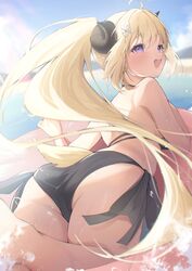  :d absurdres ahoge ass beach bikini black_bikini blonde_hair blurry blurry_background breasts commentary_request day eat_some_cookie female goat_horns hair_ornament halterneck highres hololive horns innertube lens_flare long_hair looking_at_viewer looking_back md5_mismatch medium_breasts mountainous_horizon ocean open_mouth outdoors purple_eyes sheep_girl sheep_horns side-tie_bikini_bottom smile solo string_bikini summer swim_ring swimsuit teeth tsunomaki_watame upper_teeth_only very_long_hair virtual_youtuber 