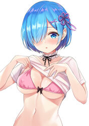  :o bikini bikini_under_clothes blue_eyes blue_hair blush breasts cleavage clothes_lift collarbone female frills hair_ornament hair_over_one_eye hair_ribbon kohana_(princessxhana) lifting_own_clothes medium_breasts navel neck_garter parted_lips pink_bikini purple_ribbon re:zero_kara_hajimeru_isekai_seikatsu rem_(re:zero) ribbon shirt_lift short_hair short_sleeves simple_background solo swimsuit underboob white_background x_hair_ornament 