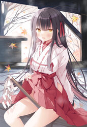  black_hair blush clothes_lift female gohei hair_ornament hakama hakama_skirt hoshino_koucha japanese_clothes lifting_own_clothes long_hair looking_at_viewer miko no_panties open_mouth original red_hakama ribbon-trimmed_sleeves ribbon_trim shrine skirt solo staff yellow_eyes 