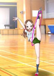  arms_up balancing black_socks blush brown_eyes brown_hair buruma female flexible forehead full_body green_buruma gym_uniform hoop hula_hoop indoors karakai_jouzu_no_takagi-san kazuna_kei leg_hold leg_lift leg_up legs long_hair navel open_mouth shirt shoes short_sleeves smile socks solo split spread_legs standing standing_on_one_leg standing_split takagi-san thighs white_footwear white_shirt 