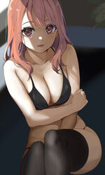  bad_id bad_pixiv_id bikini black_bikini black_thighhighs breasts collarbone commentary female highres icehotmilktea lips looking_at_viewer medium_breasts medium_hair original red_eyes red_hair sitting solo swimsuit thighhighs 